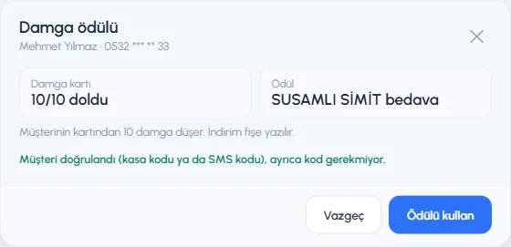 Damga ödülü penceresi: damga kartı doldu, ödül ve Ödülü kullan