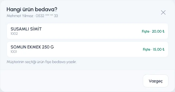 Hangi ürün bedava? penceresi: fişte olan ödül ürünleri ve fiyatları