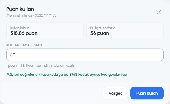 Puan kullan penceresi: kullanılabilir puan, bu fişte en fazla, kullanılacak puan