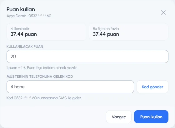 Numara elle yazıldığında puan kullanımı: müşterinin telefonuna gelen kod ve Kod gönder