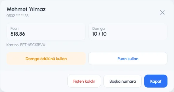 Müşterinin sadakat özeti: puan, damga, damga ödülünü kullan, puan kullan, fişten kaldır, başka numara