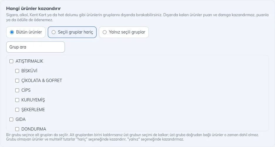 Hangi ürünler kazandırır: seçili gruplar hariç ve grup listesi