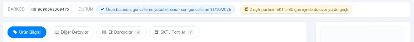 Ürün kartında yaklaşan / geçen SKT uyarı rozeti