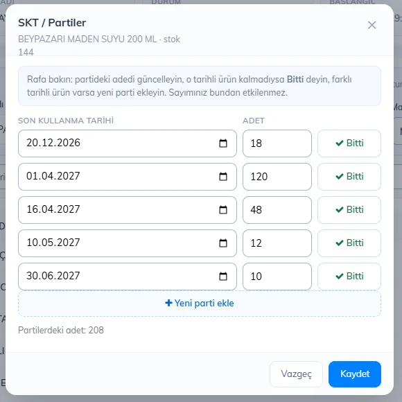 Stok sayımında SKT / Partiler penceresi: adet, Bitti, yeni parti ve Kaydet