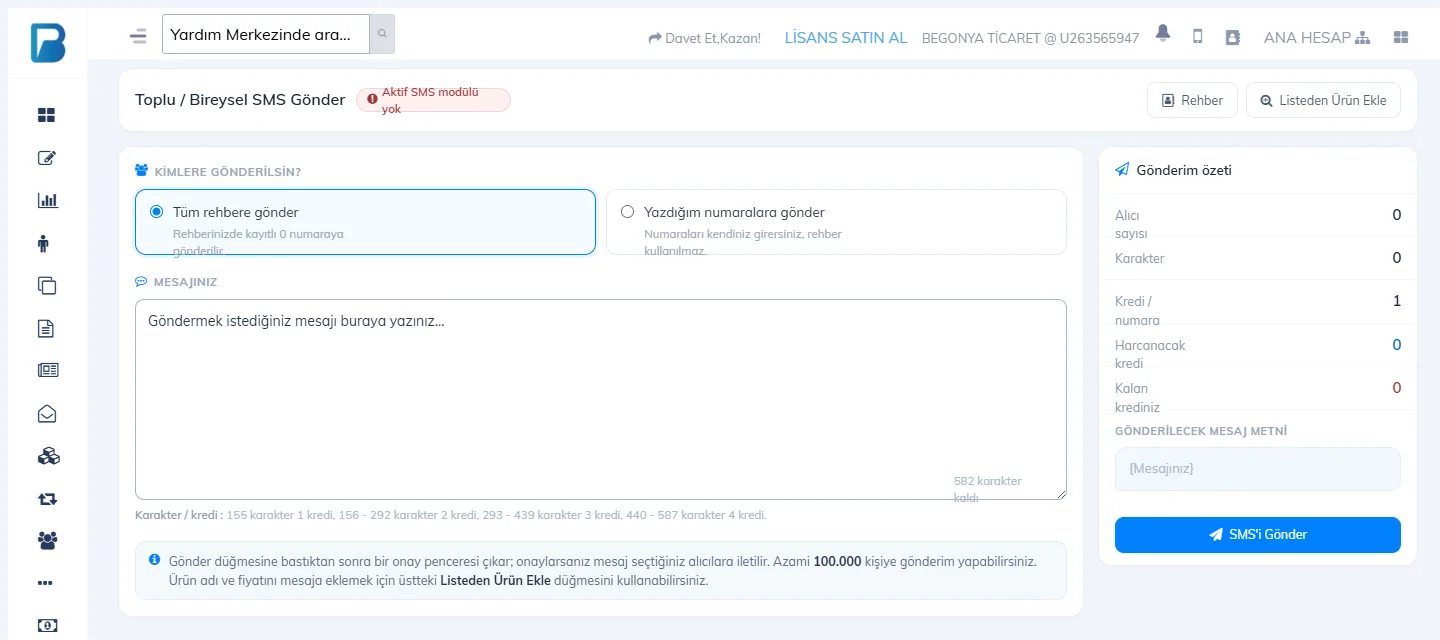 Toplu / Bireysel SMS Gönder ekranı: alıcı seçimi, mesaj ve gönderim özeti