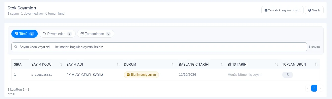 Stok sayımları sayfası: yeni stok sayımı başlat düğmesi ve sayım listesi
