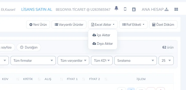 Ürünler sayfasında Excel Aktar menüsü: içe aktar ve dışa aktar